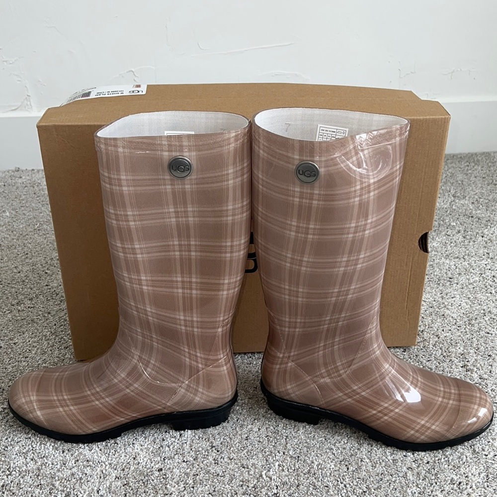 AUTH NIB UGG Shaye Plaid Rubber Shearling Lined Glossed Waterproof Rain Boots - Picture 4 of 12